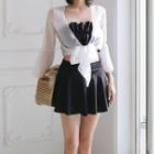Set: Plain Ruffled Bikini Top + Swim Skirt + Cover-up Jacket