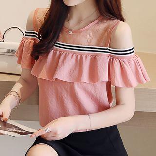 Striped Cut Out Shoulder Short Sleeve Chiffon Blouse