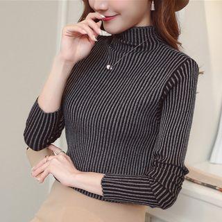Pinstripe Mock-neck Long-sleeve Knit Top