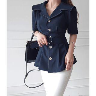 Pintuck-waist Stitched Peplum Blouse With Belt