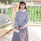 Set: Long-sleeve Fluffy Trim Frog-buttoned Embroidered Top + Midi A-line Skirt
