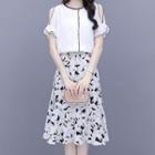 Set: Cold-shoulder Ruffled Blouse + Floral Print Midi A-line Skirt