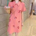 Cherry Embroidered Short-sleeve Dress Watermelon Red - One Size