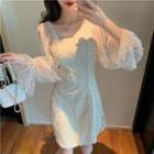 Mesh-sleeve Faux Pearl Tweed A-line Dress