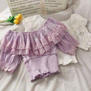 Boatneck Smocked-waist Crop Top