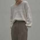 V-neck Pointelle-knit Sweater Ivory - One Size