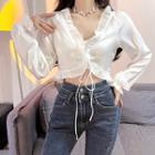 Long-sleeve Frill Trim Lace-up Crop Top