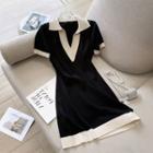 Short-sleeve Contrast Trim Knit A-line Dress Black - One Size