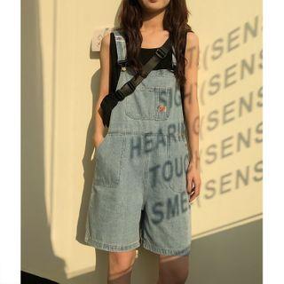 Wide Leg Washed Denim Dungaree Shorts