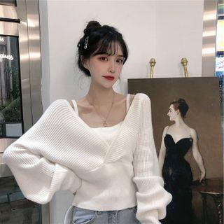 Long-sleeve Mock Two Piece Plain Knit Top