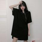 Short-sleeve Hooded Mini T-shirt Dress Black - One Size