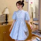 Puff-sleeve Cheongsam Collar Floral Mini A-line Dress