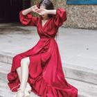 Long-sleeve Plain Dress Wine Red - One Size