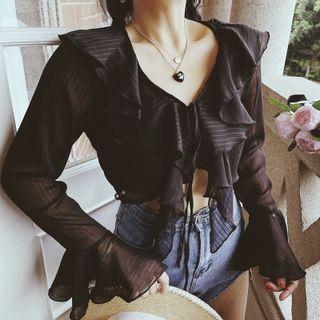 Bell-sleeve Ruffled Striped Crop Top