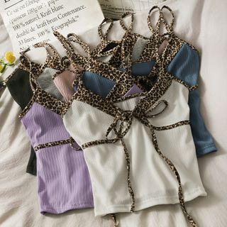 Leopard Print-trim Ribbon Crop Top In 6 Colors