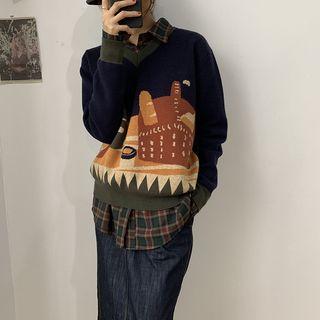 Breakfast Jacquard V-neck Sweater Blue - One Size