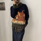 Breakfast Jacquard V-neck Sweater Blue - One Size