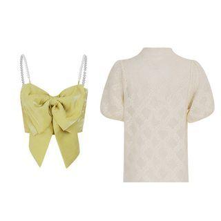 Puff-sleeve Mock-neck Blouse / Ribbon Camisole Top