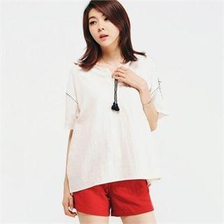 Stitched-detail Tassel-accent Top