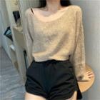 Round-neck Cropped Melange Knit Sweater As Shown In Figure - One Size