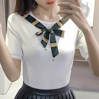 Bow Mock Two-piece Short-sleeve Knit Top