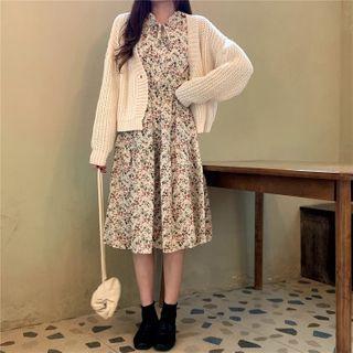 Plain Cardigan / Floral Print Long-sleeve Midi A-line Dress