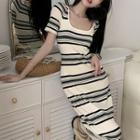 Short-sleeve Striped Knit Midi A-line Dress Stripe - Black & White - One Size