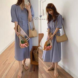 Short-sleeve Tie-waist Dress As Shown In Figure - One Size
