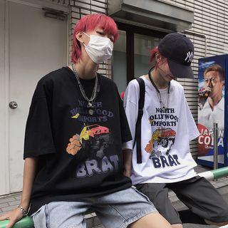 Car Print Elbow-sleeve T-shirt