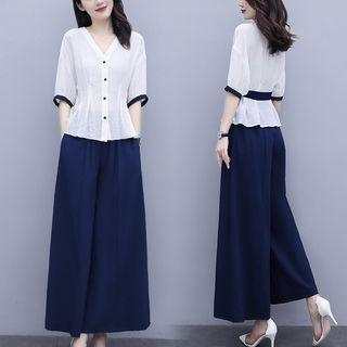 Set: Elbow-sleeve V-neck Blouse + Wide Leg Pants