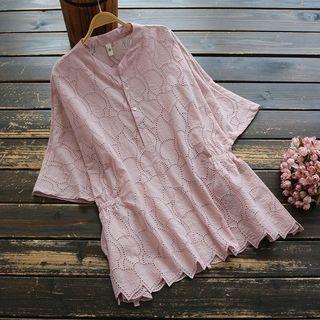 3/4-sleeve Embroidered Perforated Placket Top