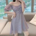 Off-shoulder Short Sleeve Bow Accent A-line Dress