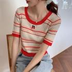 Short-sleeve Cheery Embroidered Striped Knit Top As Shown In Figure - One Size