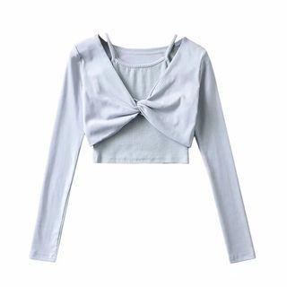Set: Long-sleeve Twisted Crop Top + Camisole Top