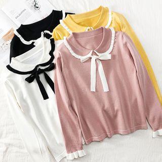 Ribbon-accent Peter Pan-collar Knit Top