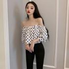 Elbow-sleeve Cold Shoulder Dotted Blouse Black Dotted - White - One Size