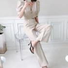 Set: Puff-sleeve V-neck Top + High-waist Straight-leg Pants