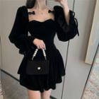 Long-sleeve Bow Accent Velvet Mini A-line Dress