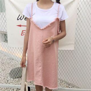Set: Fray Spaghetti Strap Dress + Short-sleeve T-shirt