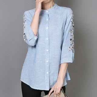 3/4-sleeve Striped Embroidered Shirt