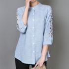 3/4-sleeve Striped Embroidered Shirt