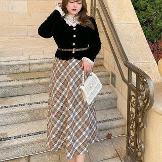 Lace Top / Button-up Cropped Jacket / Plaid Midi A-line Skirt