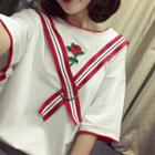 Flower Embroidered Striped Applique Elbow Sleeve T-shirt
