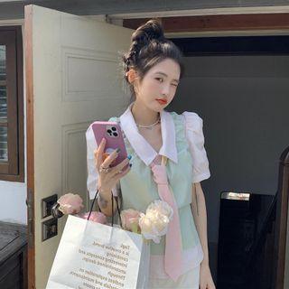 Puff-sleeve Shirt / Neck Tie / Shirred Strap Top