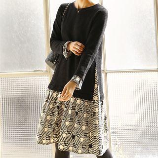 Round-neck Pattern-panel Dress Black - One Size