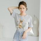 Pompom-accent Rabbit-print T-shirt