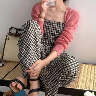 Spaghetti Strap Plaid Wide Leg Jumpsuit / Ribbed Cardigan