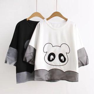 Panda Embroidered 3/4 Sleeve T-shirt