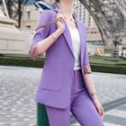 Elbow-sleeve Plaid Panel Single-button Blazer / Dress Pants