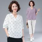 Elbow-sleeve Dotted Linen Top